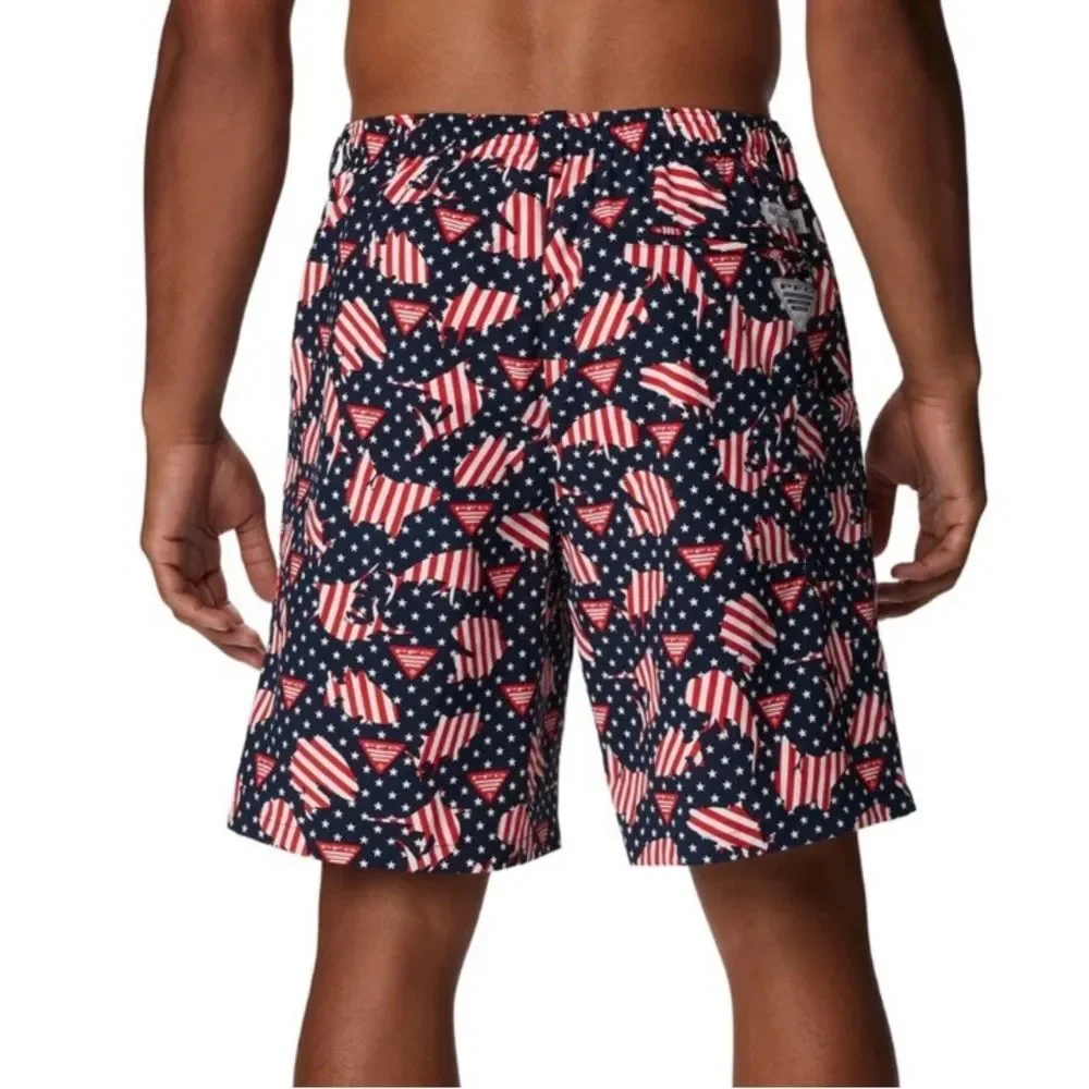 NWT Columbia PFG Clearwater Shores Patriotic Fish 6” Swim Trunks Shorts Medium